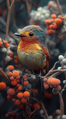 Canvas Print - A Vibrant Bird Perched on a Branch with Berries