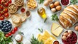 © horizon - Diverse food ingredients on white marble, including artisanal bread and fresh produce, showcasing a vibrant Mediterranean diet composition with culinary variety.