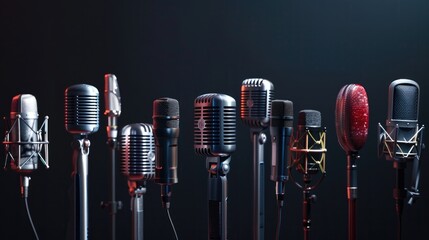 Poster - A row of microphones set up on a dark surface, ready for use or performance