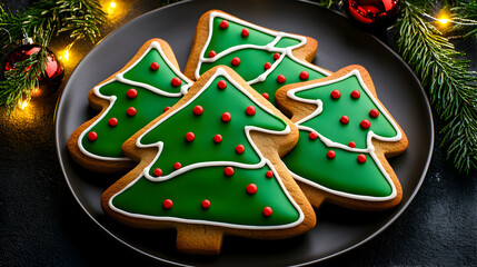 Christmas gingerbread cookies shaped like tree rest on a plate, enhancing the holiday ambiance of the table.