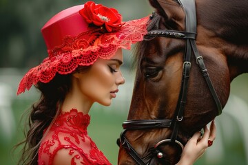 Wall Mural - A woman stands next to a brown horse, wearing a red dress and hat