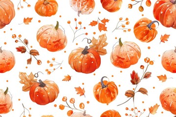 Sticker - Autumn pattern with pumpkins and leaves on white background