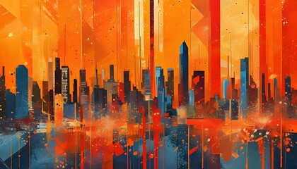 Wall Mural - Vibrant Urban Geometry: Dynamic Collage of Orange and Red Splashes with Bold Stripes