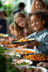 Poster - A group of people gathered around a table filled with various foods, perfect for a social event or party