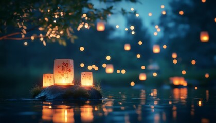 Wall Mural - Lanterns Floating on a Calm Lake at Night