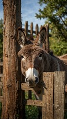 Wall Mural - Friendly donkey in front of a wooden fence – kids' coloring page.