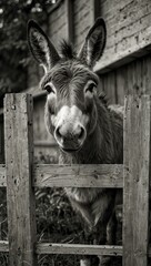 Wall Mural - Friendly donkey in front of a wooden fence – kids' coloring page.