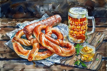 Sticker - A photo of pretzels and beer placed on a table, ready to be enjoyed