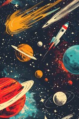 Wall Mural - a futuristic space scene featuring planets and rockets in the sky
