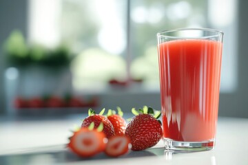 Glass of tasty strawberry juice on white table