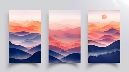 Three abstract illustrations of a mountain range with colorful gradient hues and fog.