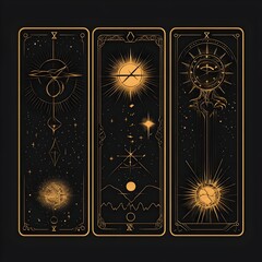 Ancient Tarot Cards with Mystical Symbols and Cosmic Energies in Flat Design