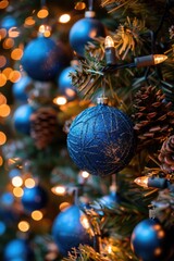 Sticker - A close-up shot of a decorated Christmas tree with twinkling lights