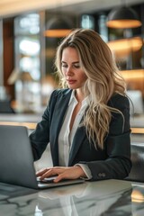 Poster - A woman sits at a table with a laptop, typing away