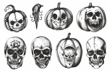 Wall Mural - A set of skulls and pumpkins depicted in black and white, great for Halloween or fall-themed designs