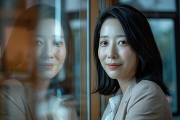 Canvas Print - A happy woman looking out of a window with a warm smile, possibly enjoying the view or thinking about something positive