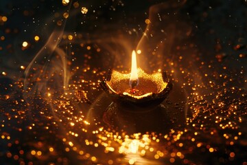 Sticker - A candle with a warm glow and gold sparkles on the table