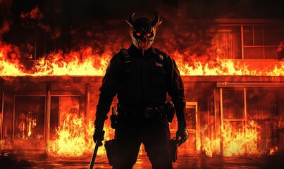 Poster - Silhouetted man in devil mask stands before fire.