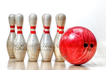 Wall Mural - A bright red bowling ball sits next to a row of pins, ready for action