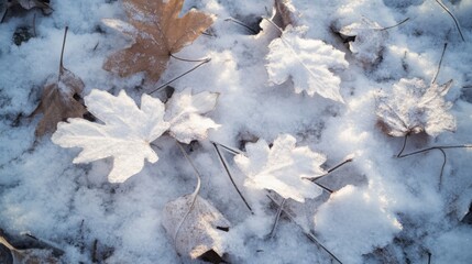 Wall Mural - Frost-Covered Leaves Under a Blanket of Snow