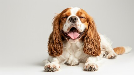 Poster - A brown and white dog is laying down on a white surface