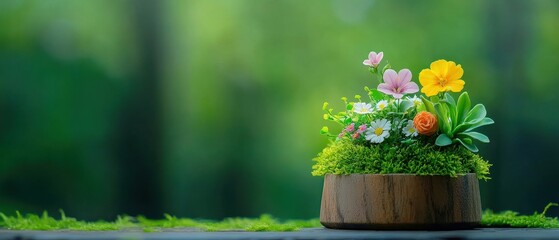 Wall Mural - Peaceful Outdoor Moment with Yellow Blooms on Wooden Planter in Soft Natural Light.