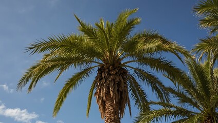 Wall Mural - Green date palm tree against a blue sky.