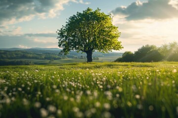 Wall Mural - A single tree standing tall in a green grassy field