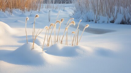 Wall Mural - Frosted Reeds Emerging From Snow-Covered Landscape