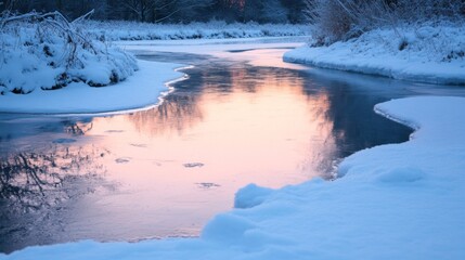 Wall Mural - Frozen River Reflecting Pink Sunset Sky in Winter