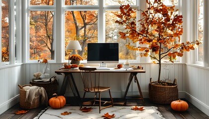 Canvas Print - Warm and Inviting Autumn Home Office with Generative AI Inspiration