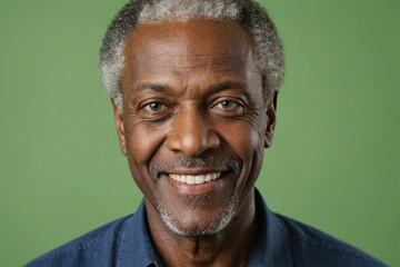 Full framed very close face portrait of a smiling senior black man with green eyes looking at the camera, studio shot,green background.