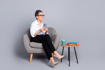 Canvas Print - Full size photo of retired female sit armchair hold gadget look empty space wear trendy formalwear outfit isolated on gray color background