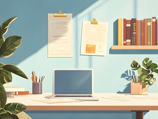 A simple office scene with a laptop and paperwork on the desk.


