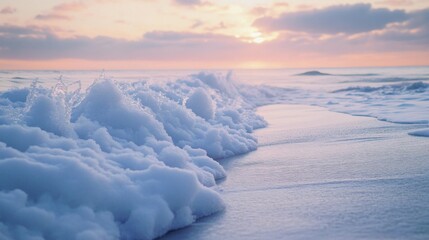 Sticker - White Ocean Foam Rolling Up on a Beach at Sunset