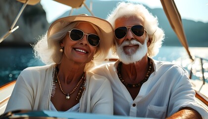 Wall Mural - Serene moments of a senior couple enjoying a luxury yacht sailing experience