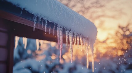 Sticker - Icicles Hanging From a Roof Against a Sunset Background