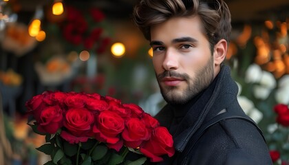 Charming young man presenting a bouquet of roses with a warm smile