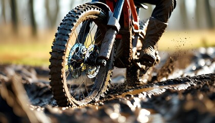 Off-road bike wheels splashing through muddy terrain in dynamic close-up action