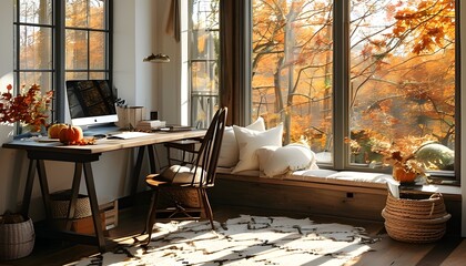 Canvas Print - Warm and Inviting Autumn Home Office with Generative AI Inspiration