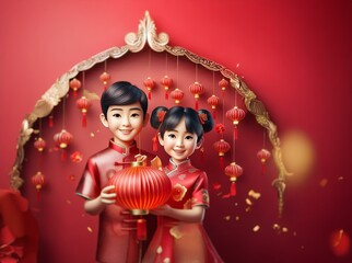 Two smiling children wearing traditional red clothing stand before a festive backdrop of hanging red lanterns and gold accents.