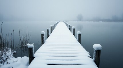  A Snow-Covered Wooden Pier Extending into a Misty Lake