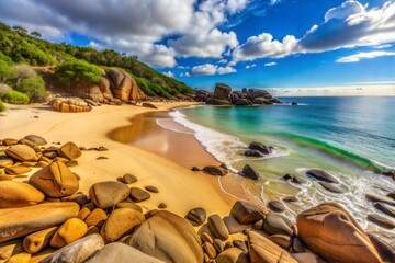 Pristine beach with clear water and towering boulders