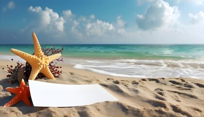 Wall Mural - Creative beach setup featuring a blank paper sheet adorned with natural decorations on sandy shore