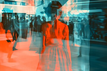 A female figure stands amidst a bustling urban shopping area in bright colors. Generative AI