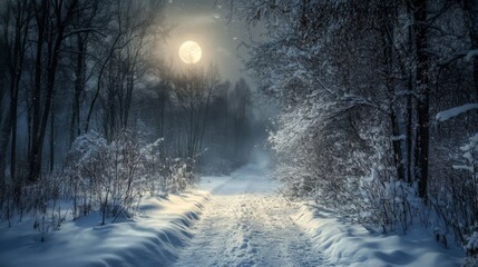 Poster - Snow-Covered Path Through a Forest Under a Full Moon