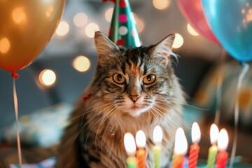 A cat wearing a party hat sits behind a birthday cake with lit candles, surrounded by colorful balloons on a festive background, celebrating a birthday.