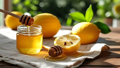 Wall Mural - Deliciously vibrant honey and lemon arrangement on rustic table