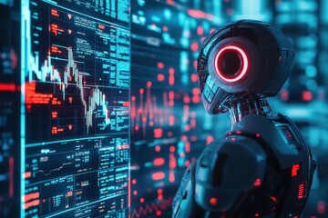 a futuristic robot analyzing data on a large screen