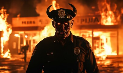 Poster - A demonic police officer stands amidst fiery flames.